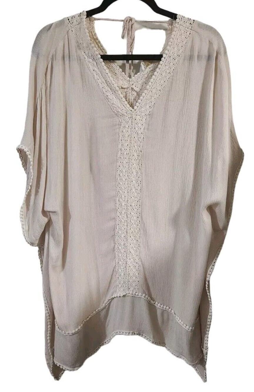 Weekend by Suzanne Betro Cream Tan Crochet Kimono Top Beach Swim Coverup Large